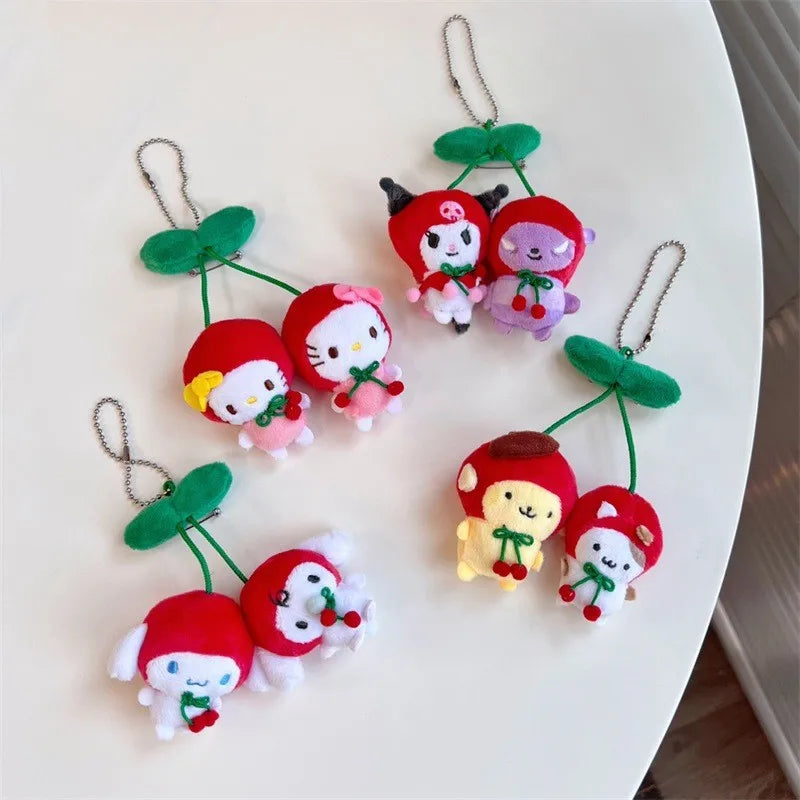 Sanrio Cherry Series Plush Doll Pendant Hello Kitty Cinnamoroll Kuromi Pom Pom Purin Cute Cartoon Filled Doll Key Chain Gift